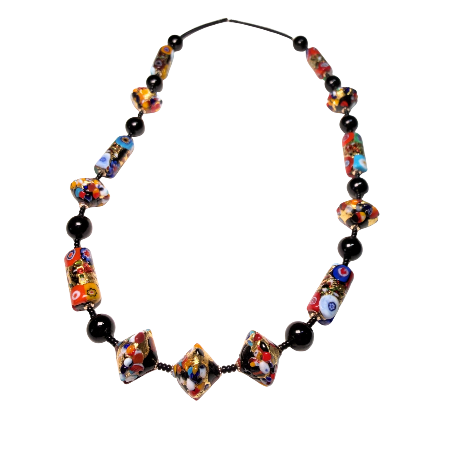 Italian Murano Colorful Klimt Millefiori Tube Gold Necklace