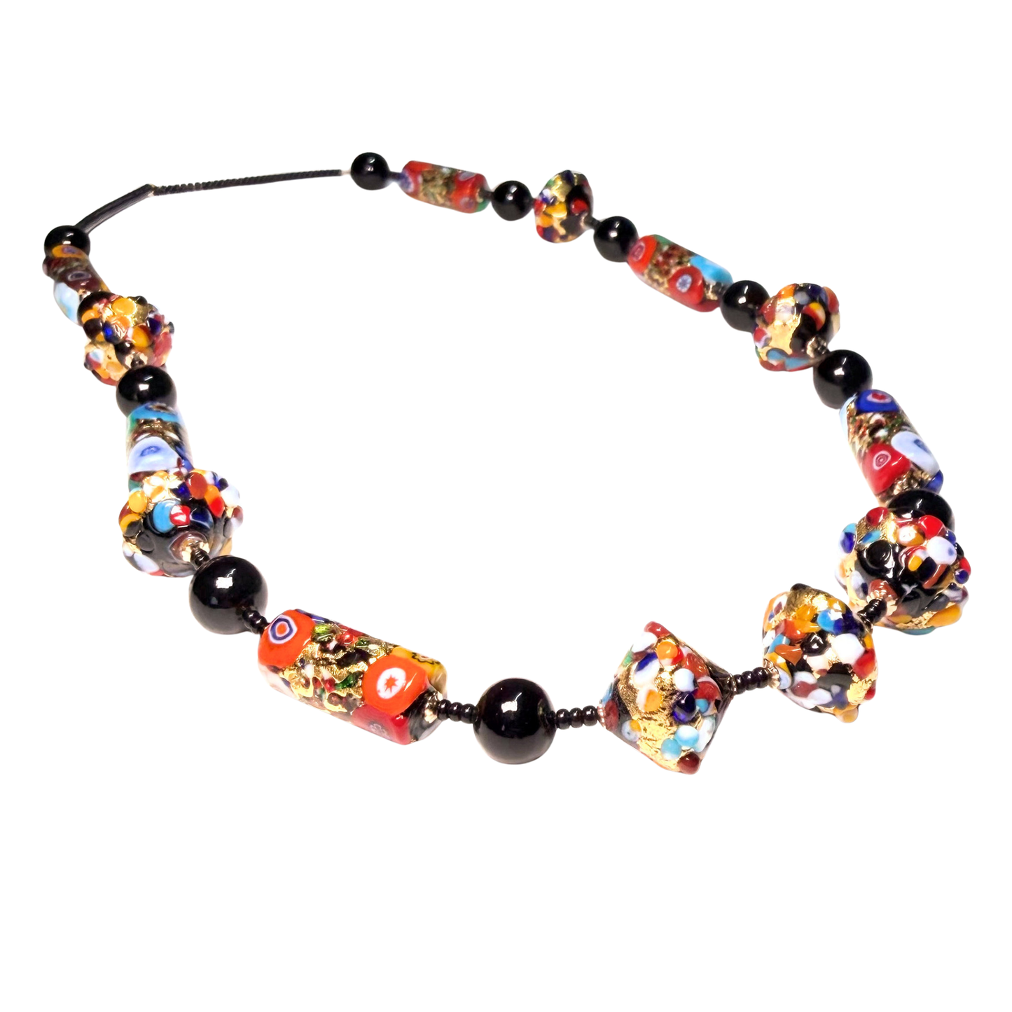 Italian Murano Colorful Klimt Millefiori Tube Gold Necklace