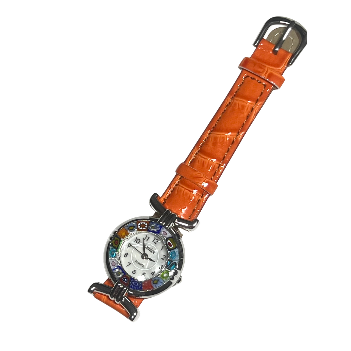 Murano Glass Colorful Millefiori Orange Leather Band Watch