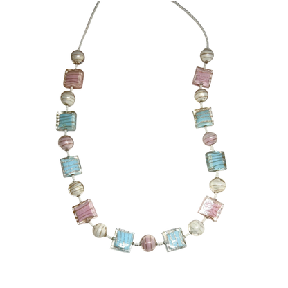Necklace with pastel-colored square beads on a white background