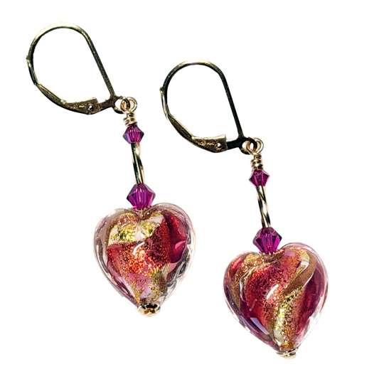 Murano Glass Pink Swirl Heart Drop Gold Earrings – Handmade Italian Jewelry