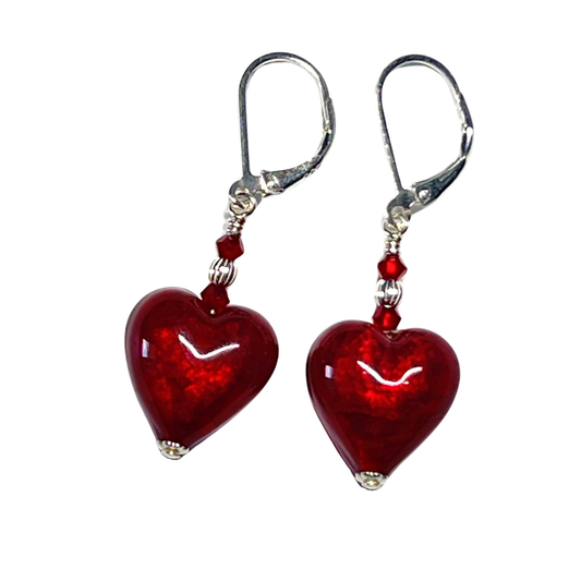 Murano Glass Red Heart Sterling Silver Earrings, Venetian Jewelry