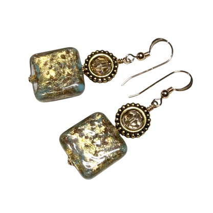 Murano Glass Turquoise Copper Square Gold Earrings by JKC Murano