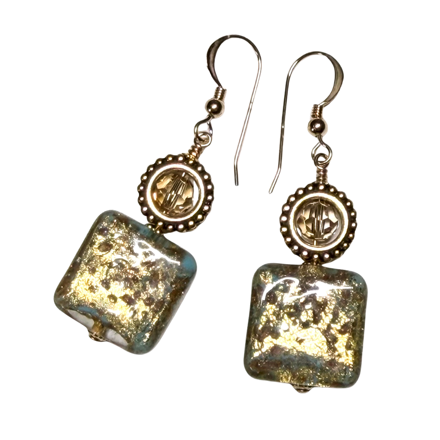 Murano Glass Turquoise Copper Square Gold Earrings by JKC Murano