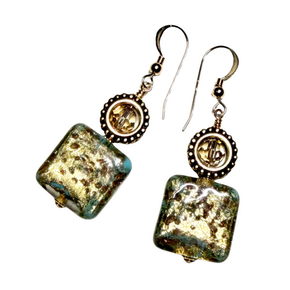 Murano turquoise gold square earrings