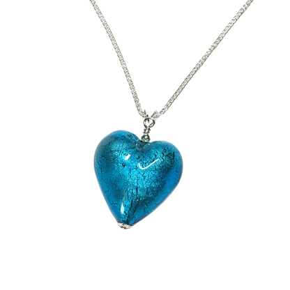 Blue heart-shaped pendant on a silver chain against a white background
