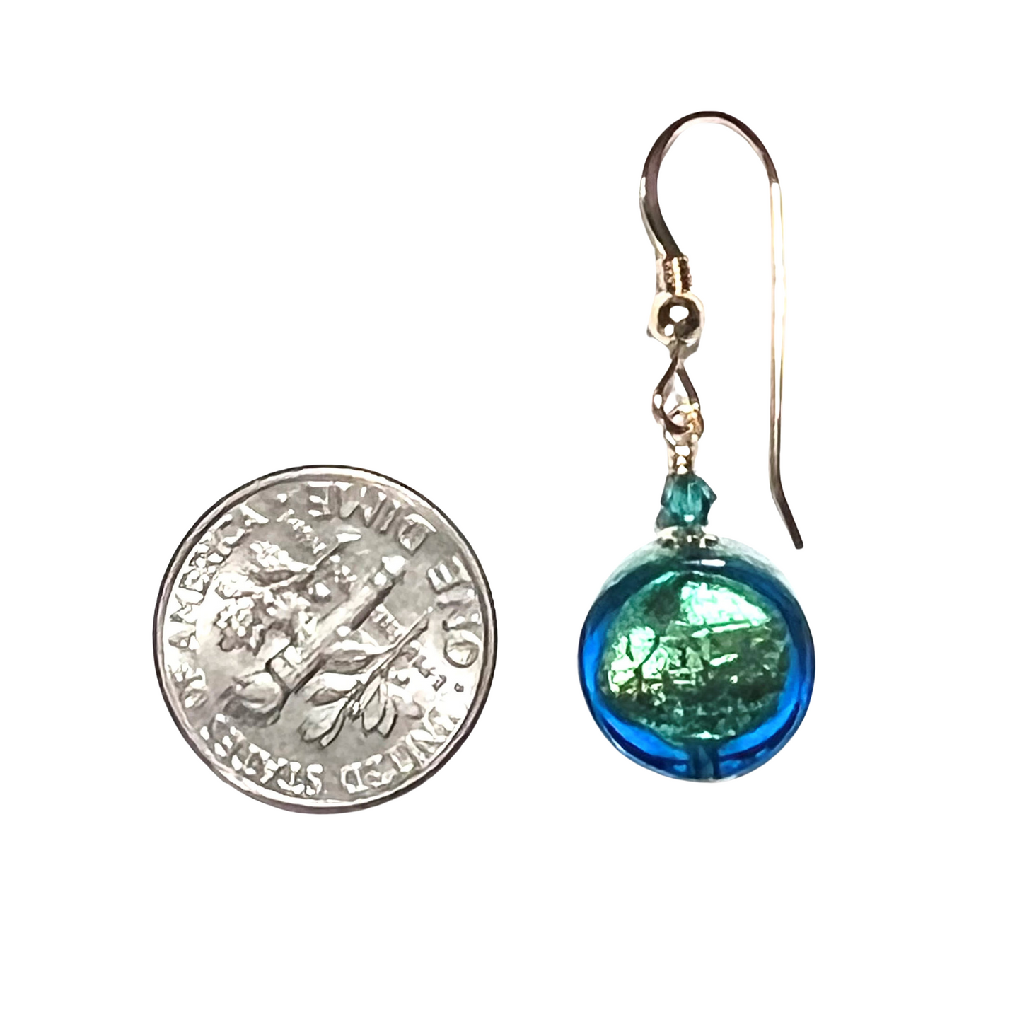 Murano Glass Aqua Green Coin Dangle Gold Earrings