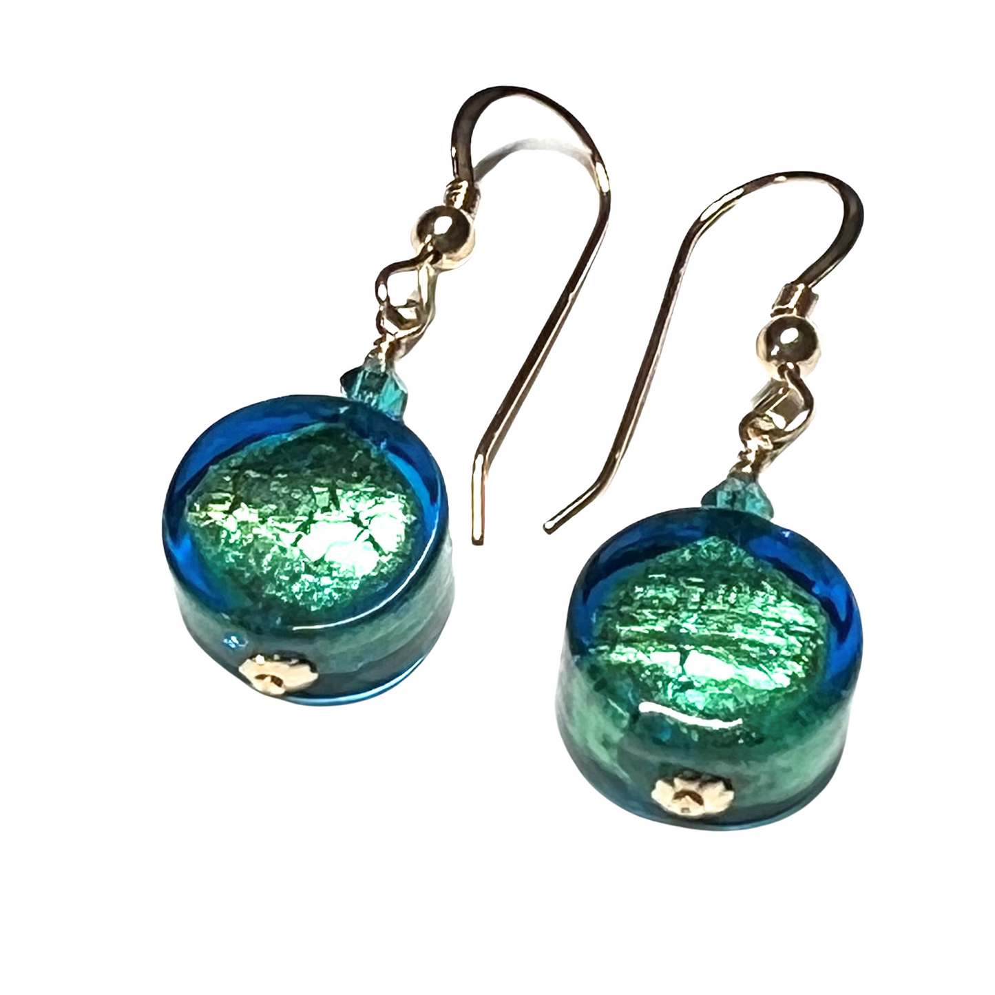 Murano Glass Aqua Green Coin Dangle Gold Earrings
