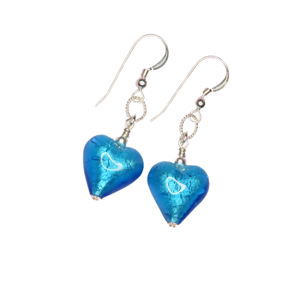 Murano Glass Aqua Heart Silver Earrings