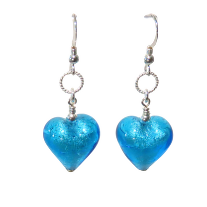 Murano Glass Aqua Heart Silver Earrings