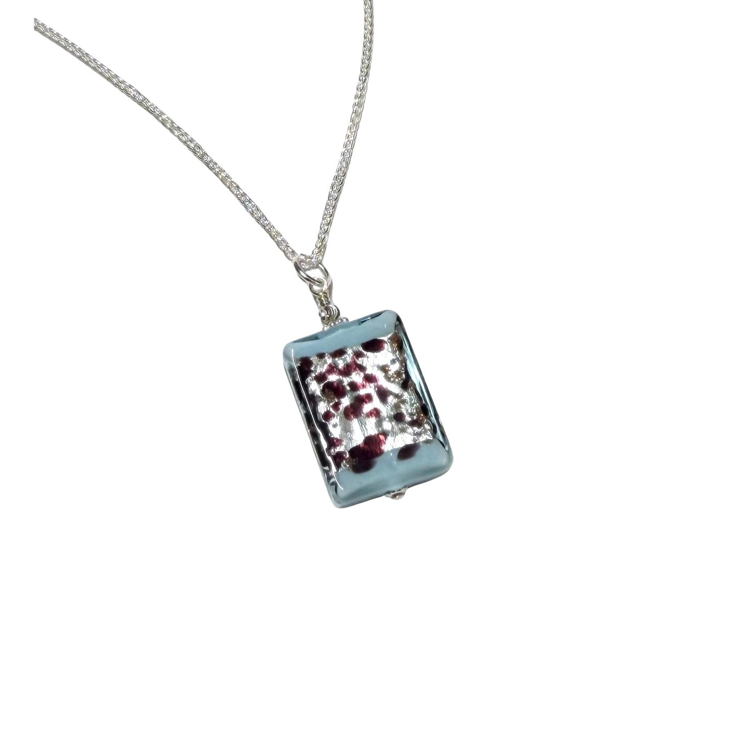 Aquamarine Leopard Murano Glass Rectangle Pendant Sterling Silver Necklace