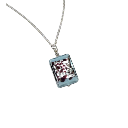 Aquamarine Leopard Murano Glass Rectangle Pendant Sterling Silver Necklace