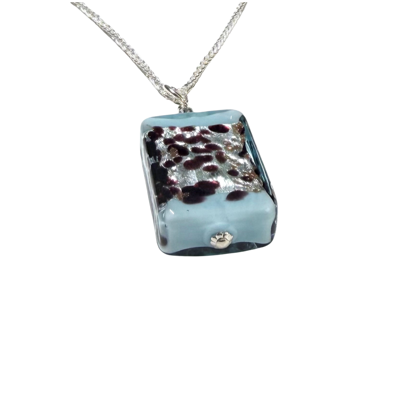 Aquamarine Leopard Murano Glass Rectangle Pendant Sterling Silver Necklace