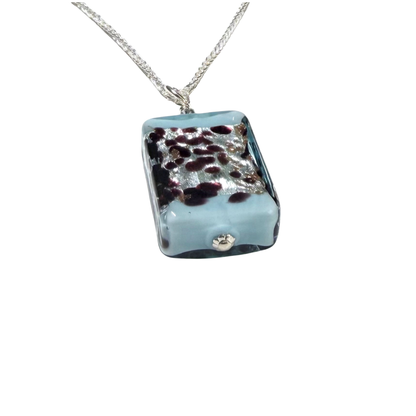 Aquamarine Leopard Murano Glass Rectangle Pendant Sterling Silver Necklace