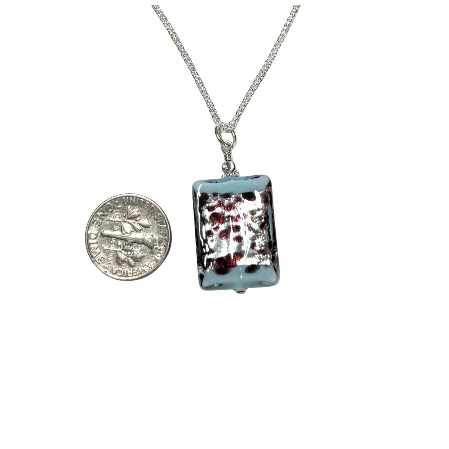 Aquamarine Leopard Murano Glass Rectangle Pendant Sterling Silver Necklace