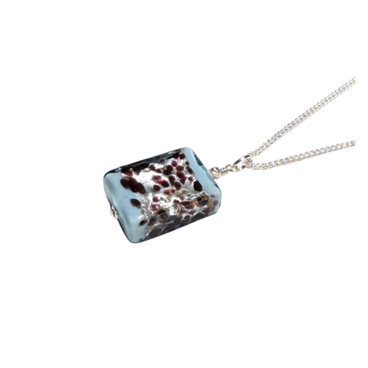 Aquamarine Leopard Murano Glass Rectangle Pendant Sterling Silver Necklace