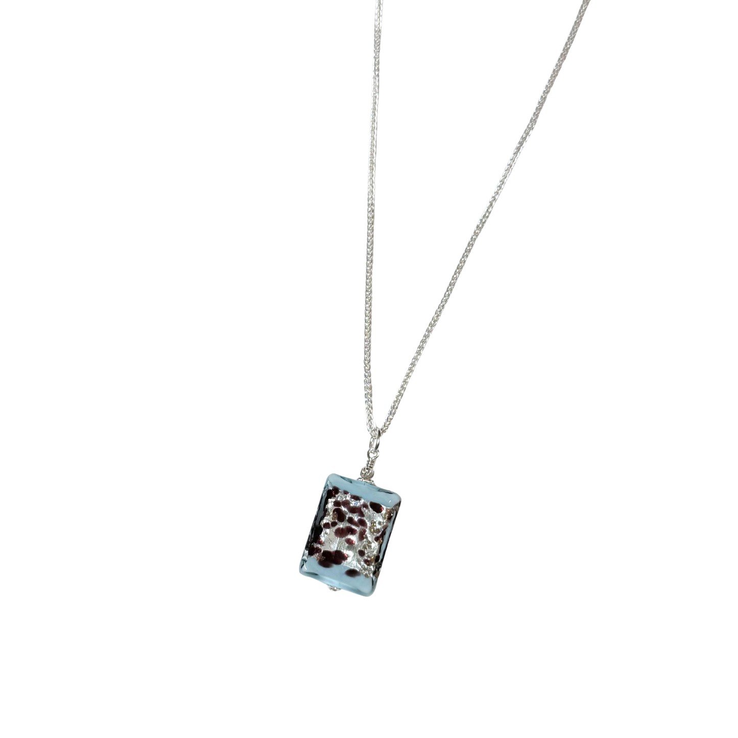 Aquamarine Leopard Murano Glass Rectangle Pendant Sterling Silver Necklace