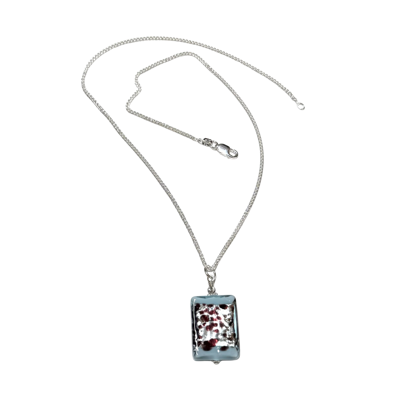 Aquamarine Leopard Murano Glass Rectangle Pendant Sterling Silver Necklace