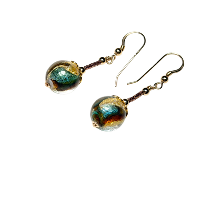 Murano Italian Glass Aqua Topaz Double Swirl Gold Earrings