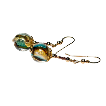 Murano Italian Glass Aqua Topaz Double Swirl Gold Earrings