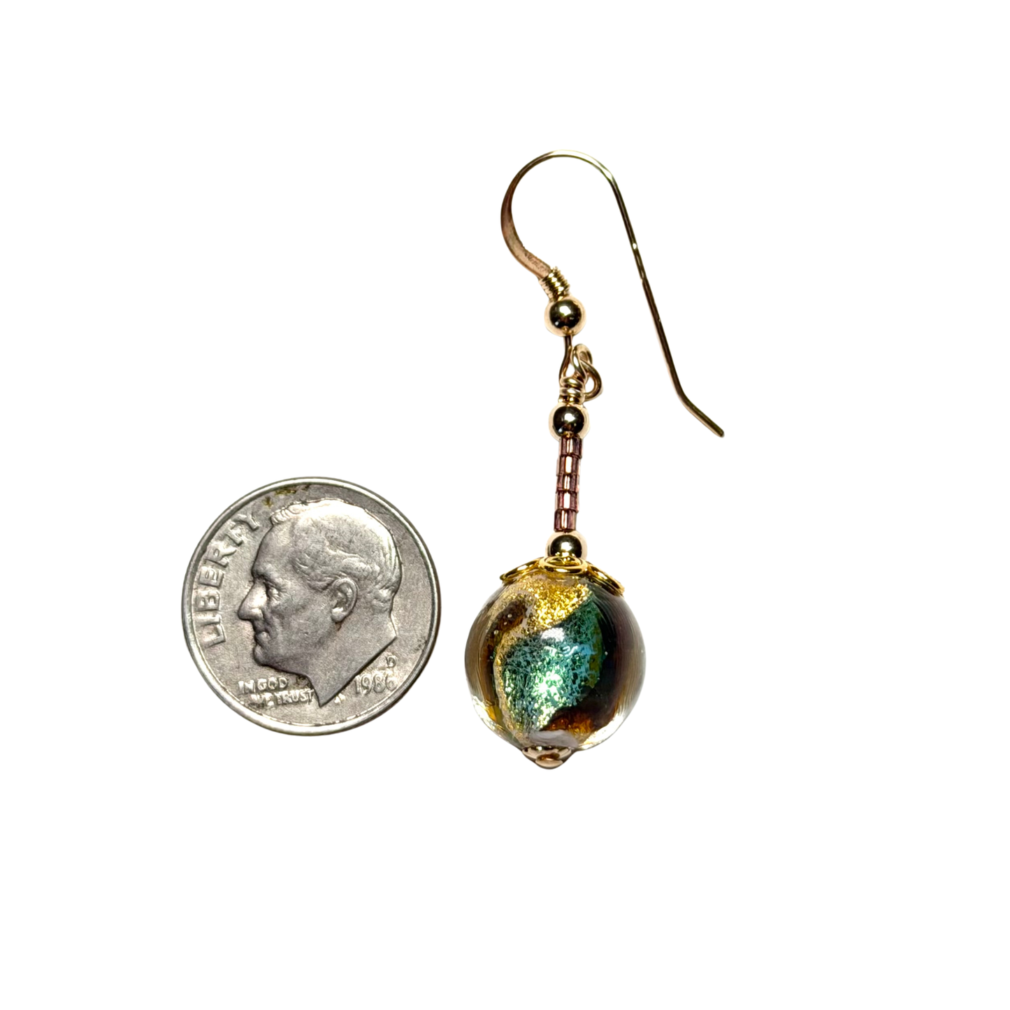 Murano Italian Glass Aqua Topaz Double Swirl Gold Earrings