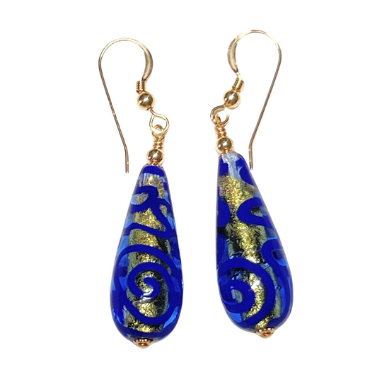 Murano Glass Blue Medusa Long Teardrop Gold Earrings