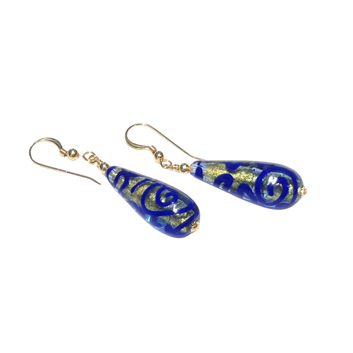 Murano Glass Blue Medusa Long Teardrop Gold Earrings