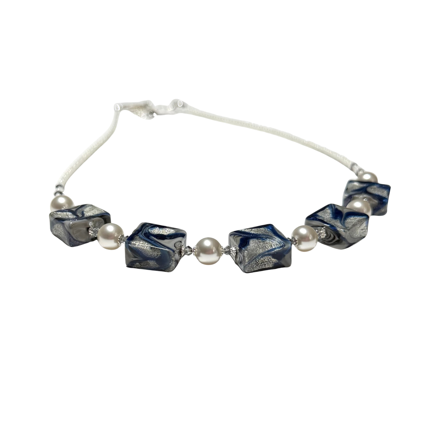 Blue Gray Silver Murano Glass with Swarovski® Crystals Sterling Silver Necklace
