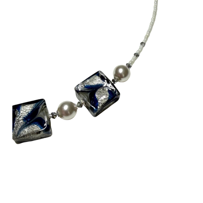Blue Gray Silver Murano Glass with Swarovski® Crystals Sterling Silver Necklace
