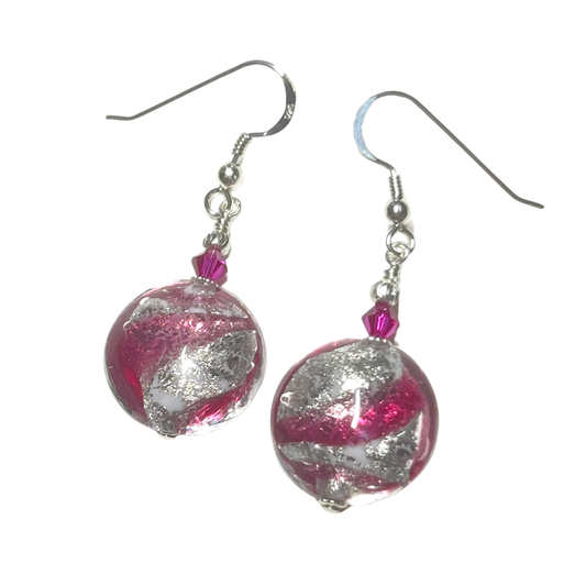 Murano Glass Ruby Pink Swirl Sterling Silver Earrings