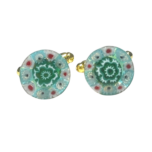 Murano Green Millefiori Round Gold Cuff Links