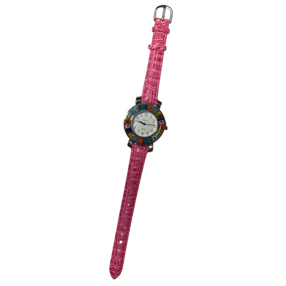 A women's watch featuring a vibrant pink crocodile-embossed strap and a round dial with a colorful border of blue, yellow, green, and red accents.
