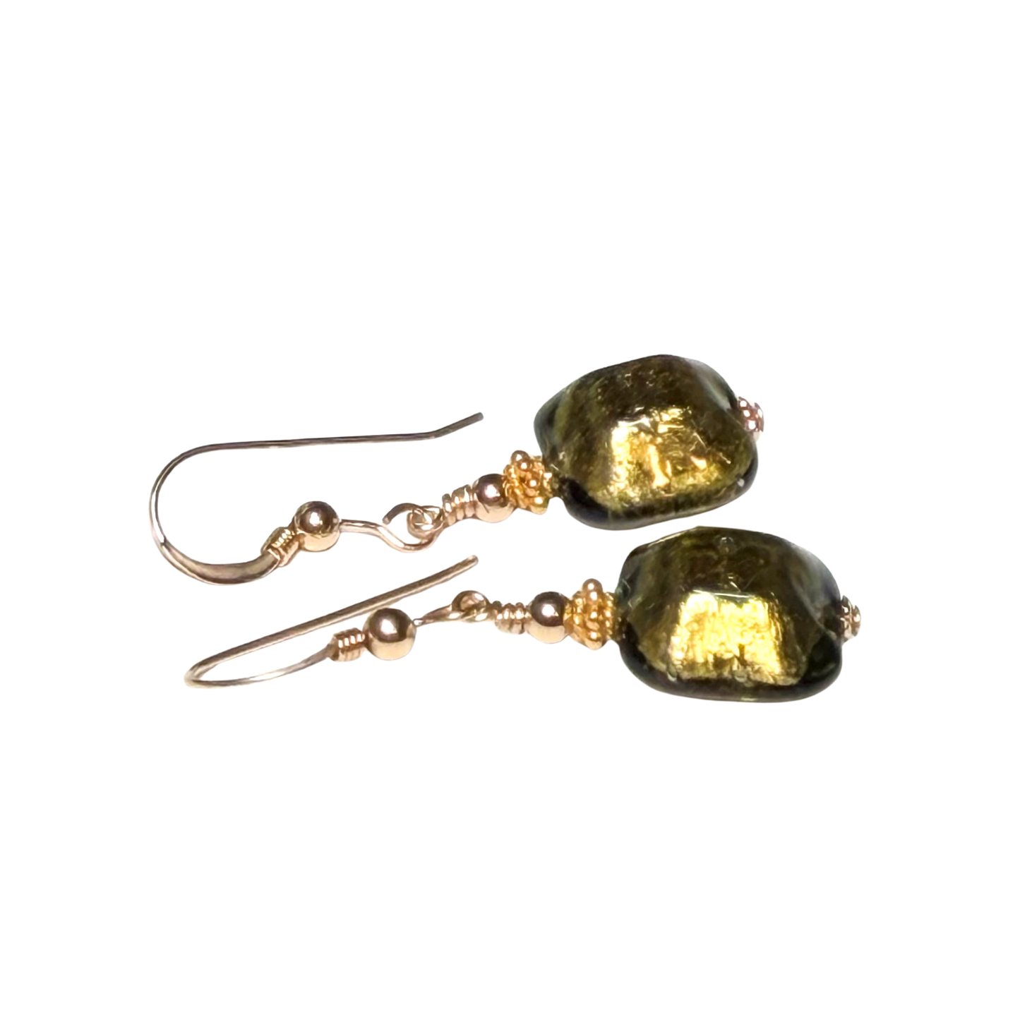 Murano Olive Green Beveled Square Gold Earrings