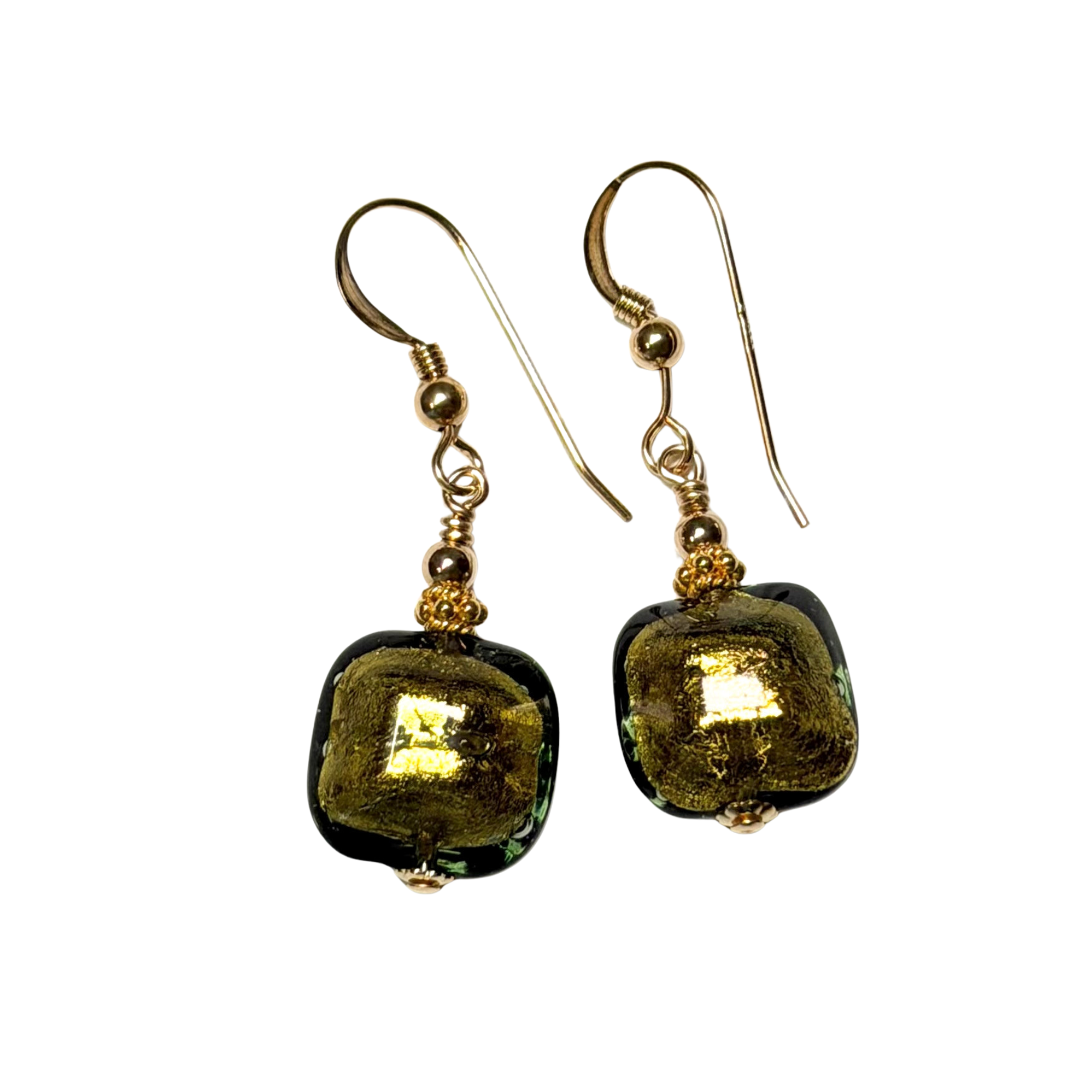 A pair of gold-tone dangle earrings with square beveled dark olive-green glass beads on a plain white background.