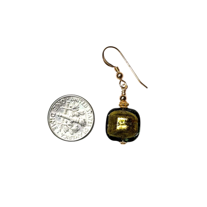 Murano Olive Green Beveled Square Gold Earrings