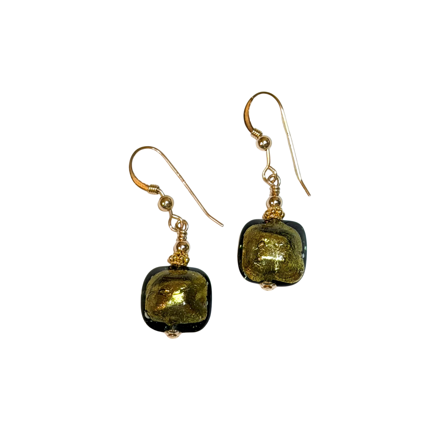 Murano Olive Green Beveled Square Gold Earrings