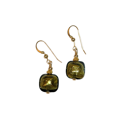 Murano Olive Green Beveled Square Gold Earrings
