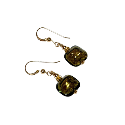 Murano Olive Green Beveled Square Gold Earrings