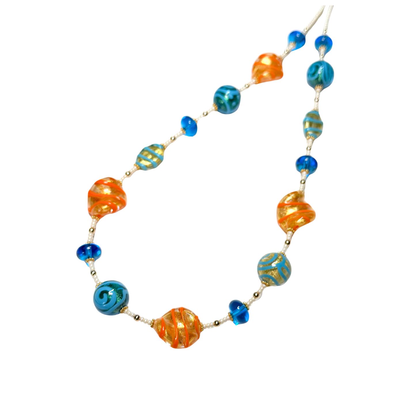 Murano Glass Aqua Orange Gold Necklace – Venetian Statement Necklace