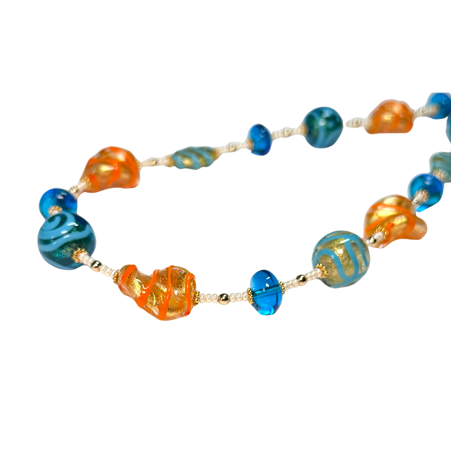 Necklace with colorful beads on a white background