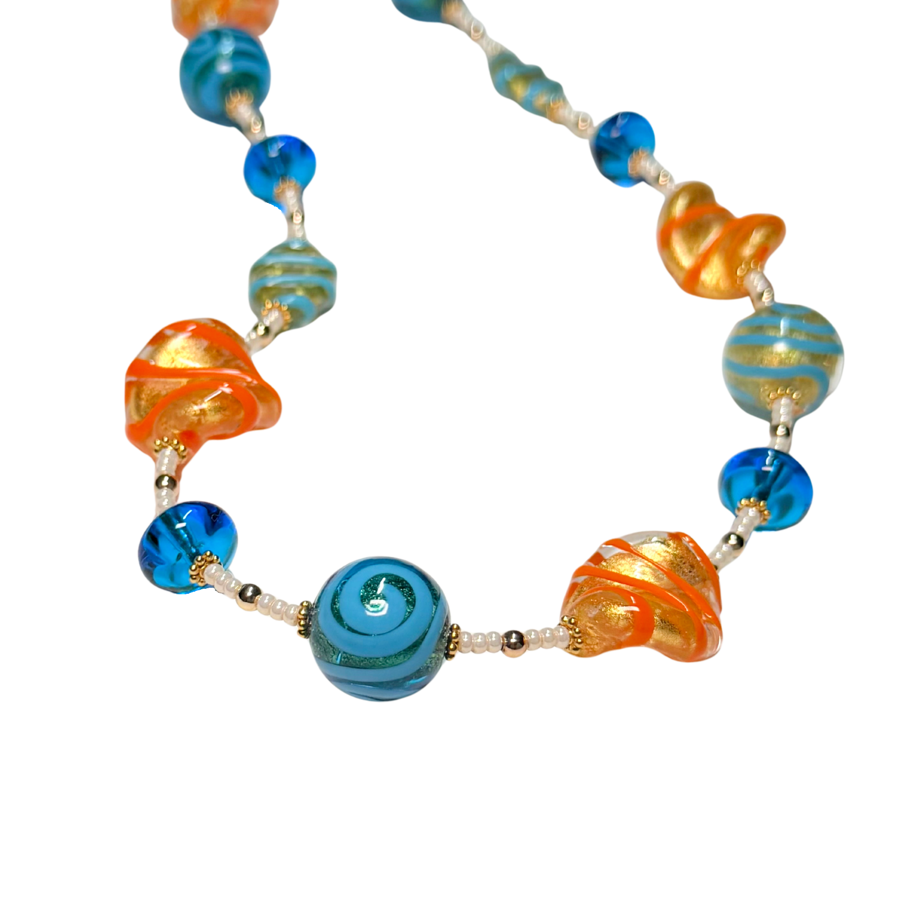 Necklace with colorful glass beads on a white background