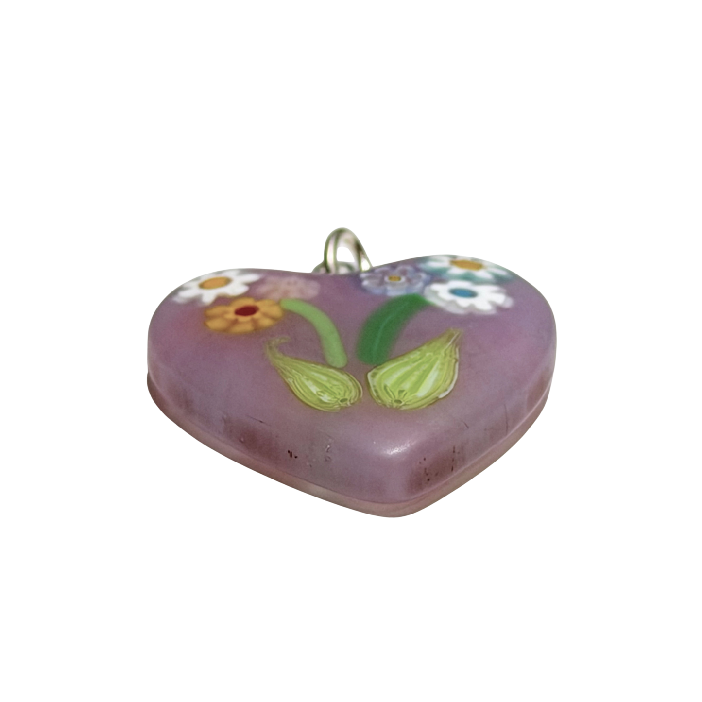Collier Pendentif Cœur en Verre de Murano Millefiori Bouquet Rose Pâle Violet