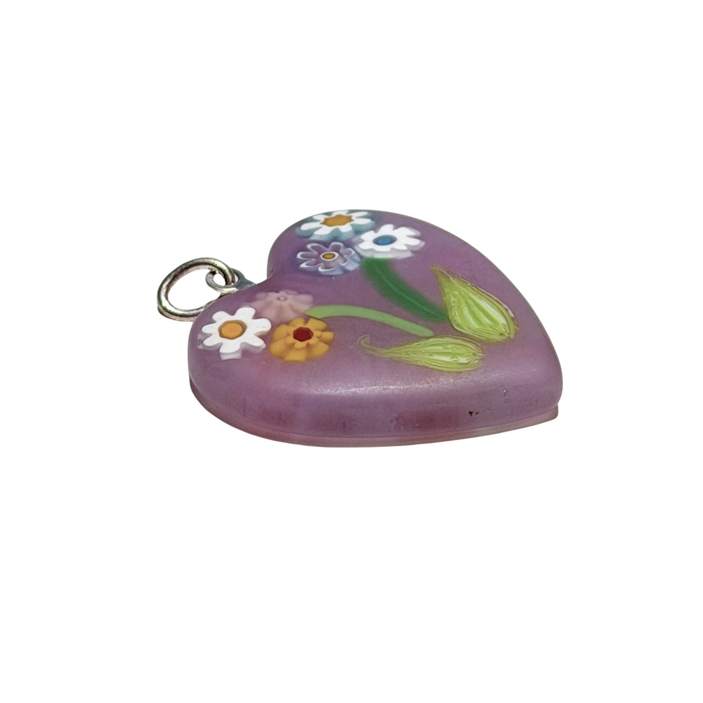Collier Pendentif Cœur en Verre de Murano Millefiori Bouquet Rose Pâle Violet