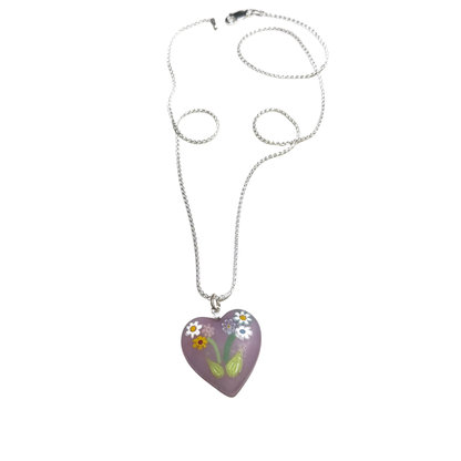 Collier Pendentif Cœur en Verre de Murano Millefiori Bouquet Rose Pâle Violet