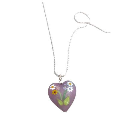 Collier Pendentif Cœur en Verre de Murano Millefiori Bouquet Rose Pâle Violet