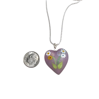 Collier Pendentif Cœur en Verre de Murano Millefiori Bouquet Rose Pâle Violet