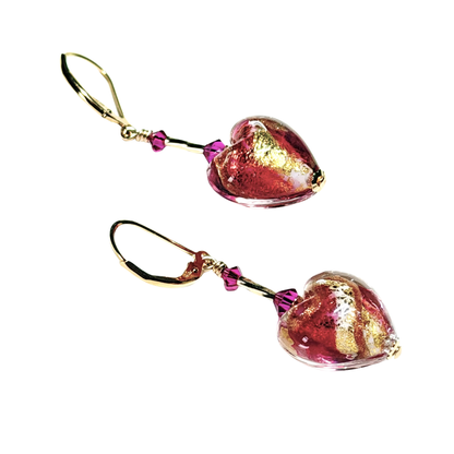 Murano Glass Pink Swirl Heart Drop Gold Earrings – Handmade Italian Jewelry
