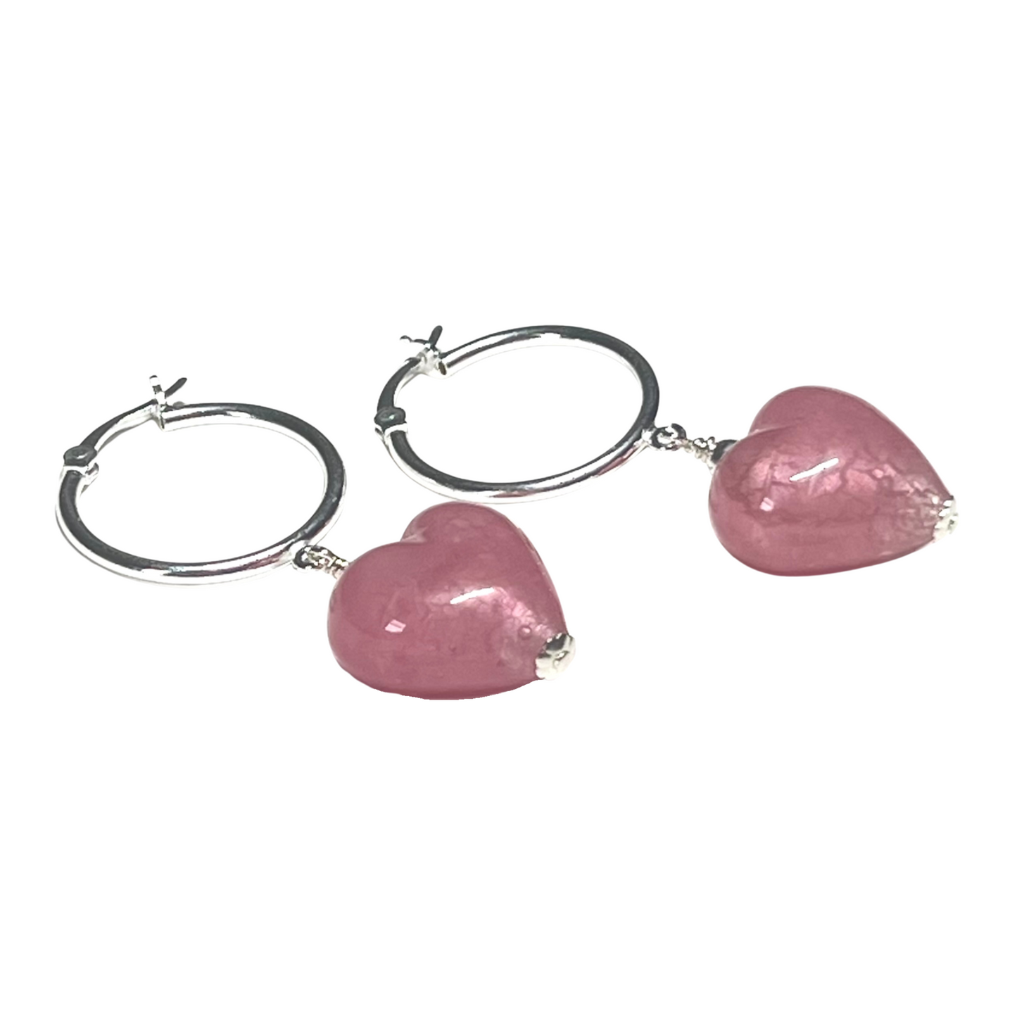 Murano Glass Pink Pearl Heart Hoop Silver Earrings