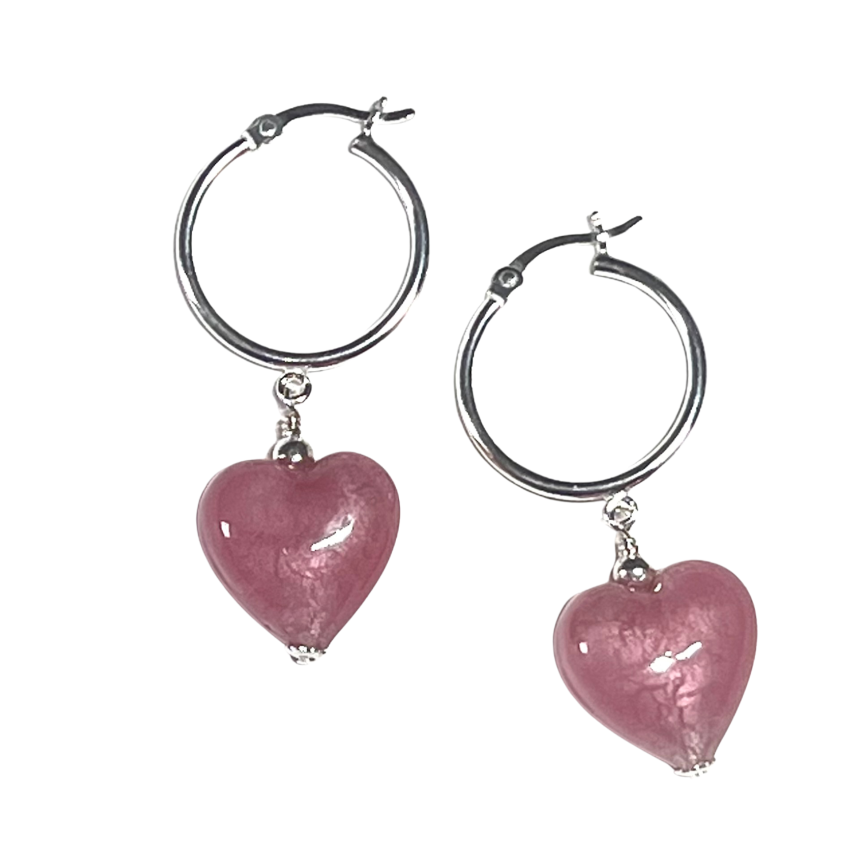 Pair of hoop earrings with pink heart-shaped charms on a white background