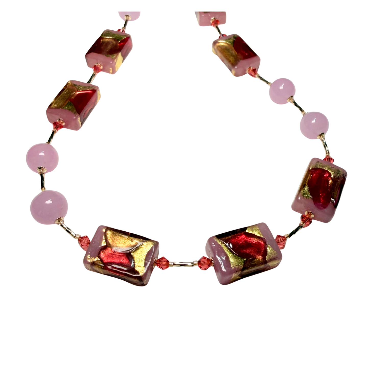Pink Raspberry Rectangle Murano Glass Gold Necklace